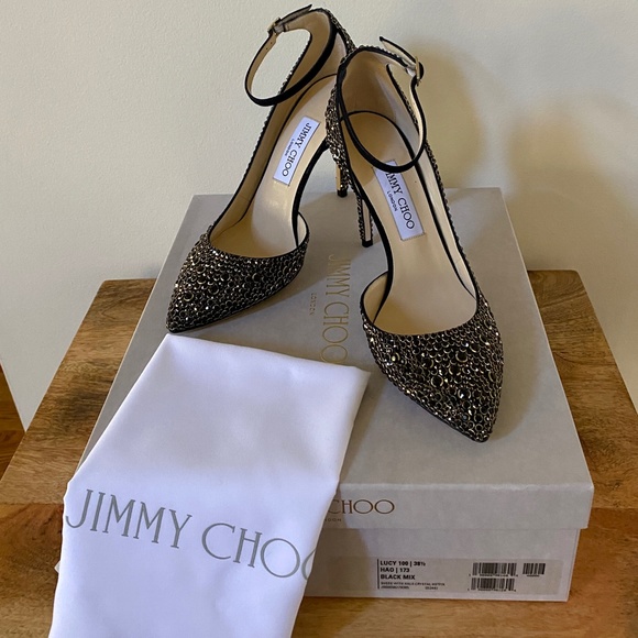 Jimmy Choo Lucy 100 Black Suede Pointy Toe Pumps With Halo Crystals US8.… - Picture 13 of 16